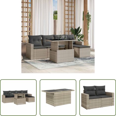 Poltrona da giardino -  Set Divano da Giardino 6pz con Cuscini Grigio Chiaro Polyrattan