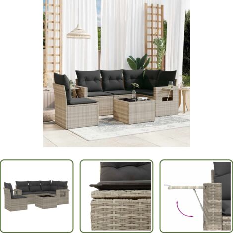 Poltrona da giardino -  Set Divano da Giardino 6pz con Cuscini Grigio Chiaro Polyrattan