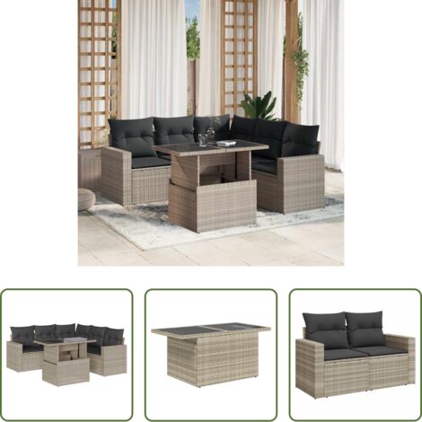 Poltrona da giardino -  Set Divano da Giardino 6pz con Cuscini Grigio Chiaro Polyrattan