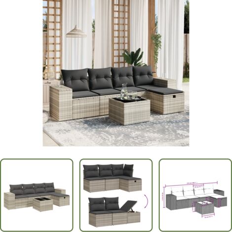 Poltrona da giardino -  Set Divano da Giardino 6pz con Cuscini Grigio Chiaro Polyrattan