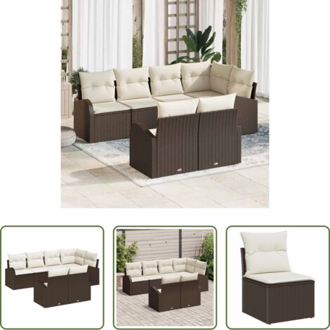 Poltrona da giardino -  Set Divano da Giardino 7 pcs Marrone e bianco polyrattan