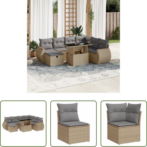Poltrona da giardino -  Set Divano da Giardino 8 pz con Cuscini Beige in Polyrattan