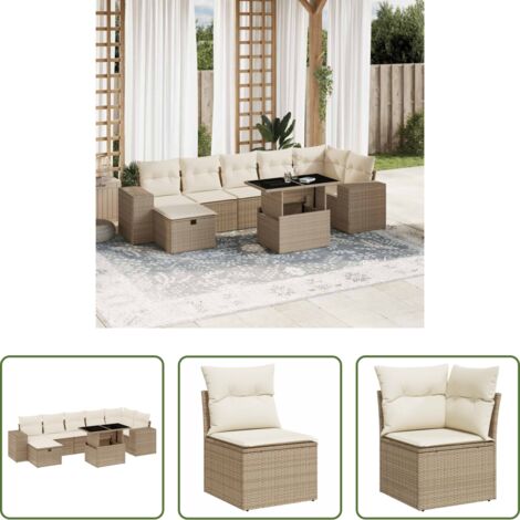 Poltrona da giardino -  Set Divano da Giardino 8 pz con Cuscini Beige in Polyrattan