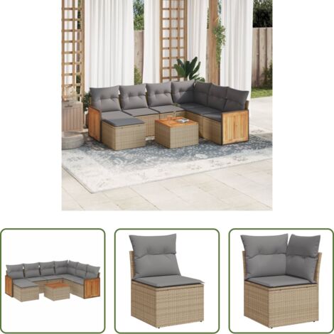 Poltrona da giardino -  Set Divano da Giardino 8 pz con Cuscini Beige in Polyrattan