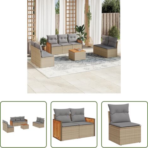 Poltrona da giardino -  Set Divano da Giardino 8 pz con Cuscini Beige in Polyrattan