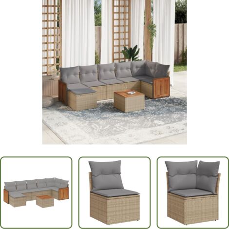 Poltrona da giardino -  Set Divano da Giardino 8 pz con Cuscini Beige in Polyrattan