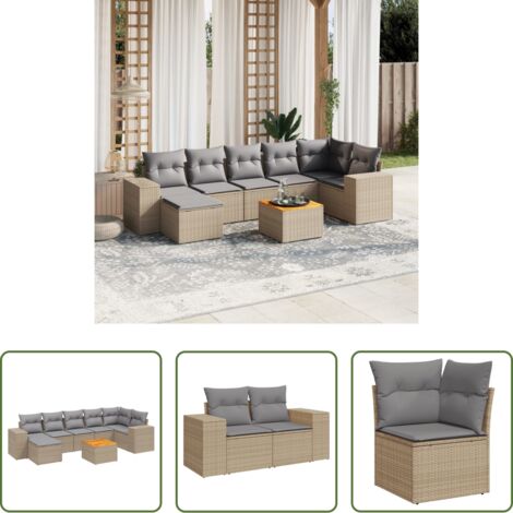 Poltrona da giardino -  Set Divano da Giardino 8 pz con Cuscini Beige in Polyrattan
