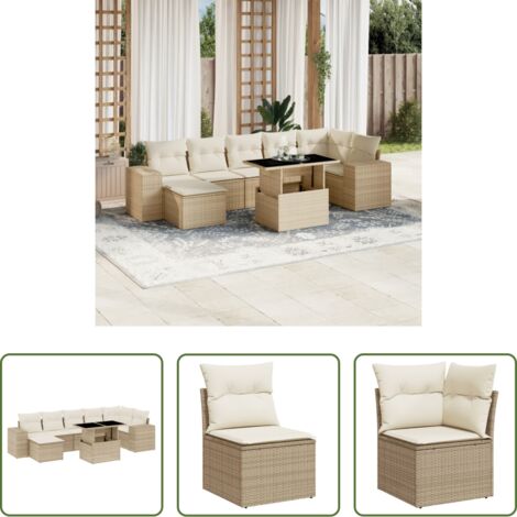 Poltrona da giardino -  Set Divano da Giardino 8 pz con Cuscini Beige in Polyrattan