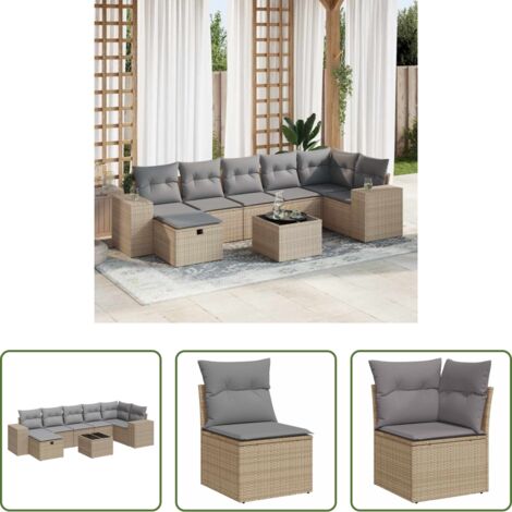 Poltrona da giardino -  Set Divano da Giardino 8 pz con Cuscini Beige in Polyrattan
