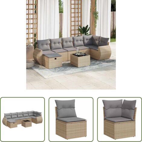 Poltrona da giardino -  Set Divano da Giardino 8 pz con Cuscini Beige in Polyrattan