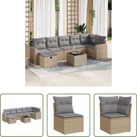 Poltrona da giardino -  Set Divano da Giardino 8 pz con Cuscini Beige in Polyrattan