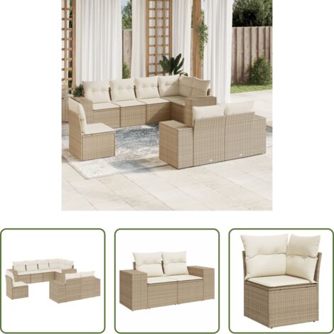Poltrona da giardino -  Set Divano da Giardino 8 pz con Cuscini Beige in Polyrattan