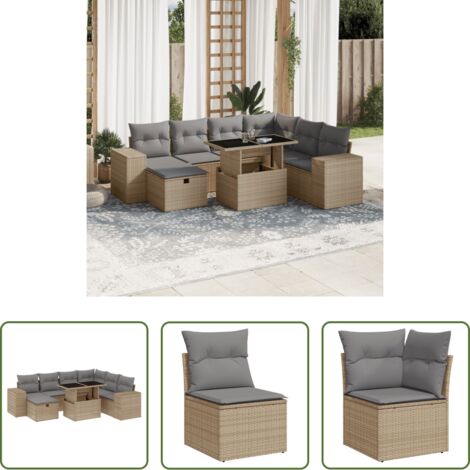 Poltrona da giardino -  Set Divano da Giardino 8 pz con Cuscini Beige in Polyrattan