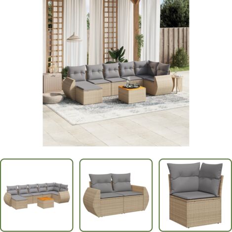 Poltrona da giardino -  Set Divano da Giardino 8 pz con Cuscini Beige in Polyrattan