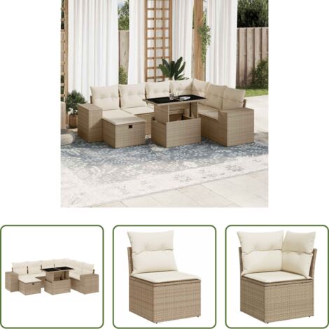 Poltrona da giardino -  Set Divano da Giardino 8 pz con Cuscini Beige in Polyrattan