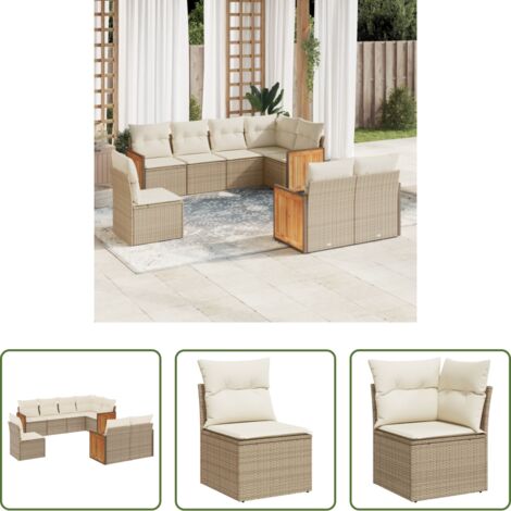 Poltrona da giardino -  Set Divano da Giardino 8 pz con Cuscini Beige in Polyrattan