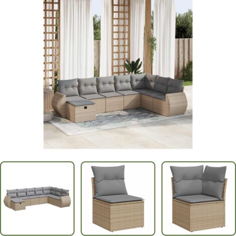 Poltrona da giardino -  Set Divano da Giardino 8 pz con Cuscini Beige in Polyrattan