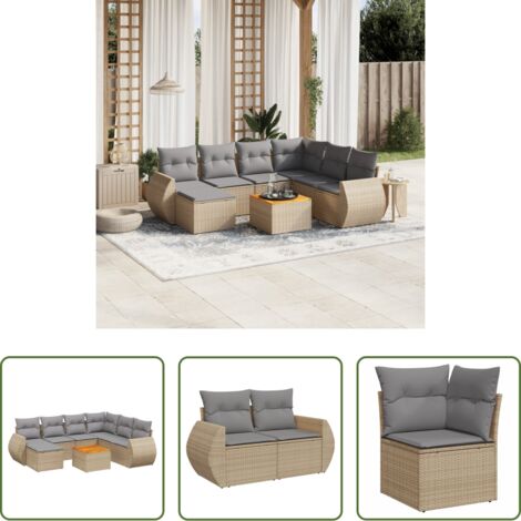 Poltrona da giardino -  Set Divano da Giardino 8 pz con Cuscini Beige in Polyrattan
