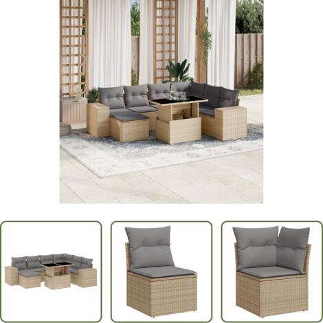 Poltrona da giardino -  Set Divano da Giardino 8 pz con Cuscini Beige in Polyrattan