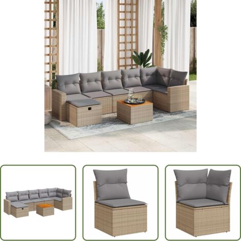 Poltrona da giardino -  Set Divano da Giardino 8 pz con Cuscini Beige in Polyrattan