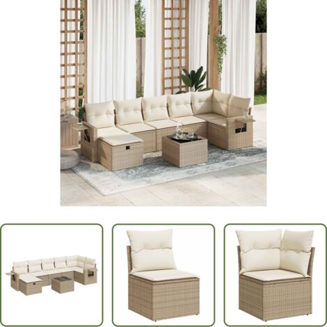 Poltrona da giardino -  Set Divano da Giardino 8 pz con Cuscini Beige in Polyrattan
