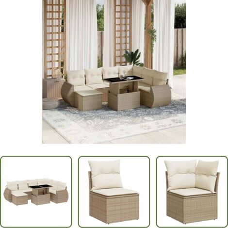 Poltrona da giardino -  Set Divano da Giardino 8 pz con Cuscini Beige in Polyrattan