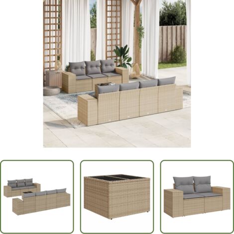 Poltrona da giardino -  Set Divano da Giardino 8 pz con Cuscini Beige in Polyrattan