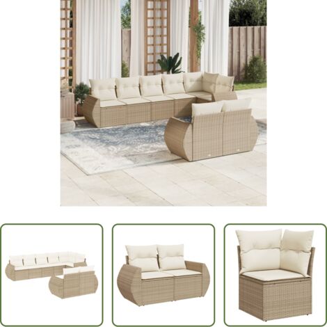 Poltrona da giardino -  Set Divano da Giardino 8 pz con Cuscini Beige in Polyrattan
