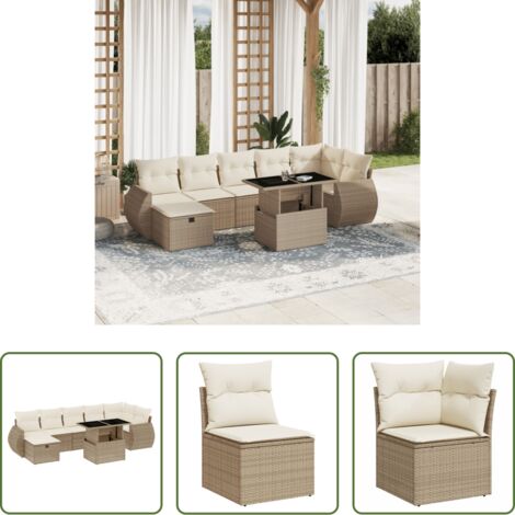 Poltrona da giardino -  Set Divano da Giardino 8 pz con Cuscini Beige in Polyrattan