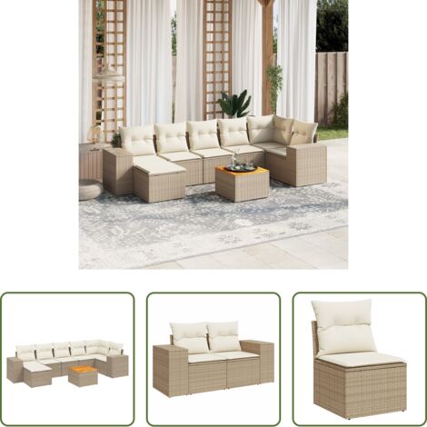 Poltrona da giardino -  Set Divano da Giardino 8 pz con Cuscini Beige in Polyrattan