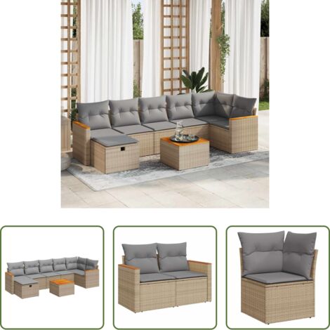 Poltrona da giardino -  Set Divano da Giardino 8 pz con Cuscini Beige in Polyrattan
