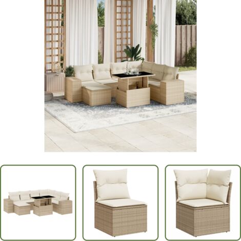Poltrona da giardino -  Set Divano da Giardino 8 pz con Cuscini Beige in Polyrattan