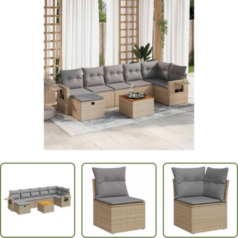 Poltrona da giardino -  Set Divano da Giardino 8 pz con Cuscini Beige in Polyrattan