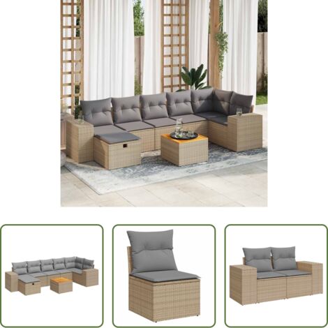 Poltrona da giardino -  Set Divano da Giardino 8 pz con Cuscini Beige in Polyrattan