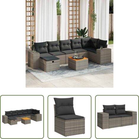 Poltrona da giardino -  Set Divano da Giardino 8 pz con Cuscini Grigio in Polyrattan