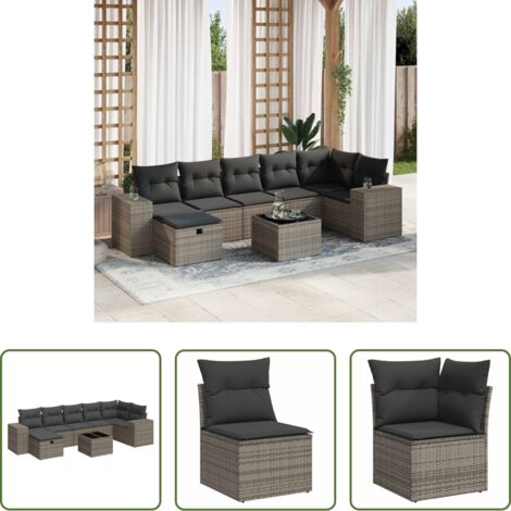 Poltrona da giardino -  Set Divano da Giardino 8 pz con Cuscini Grigio in Polyrattan