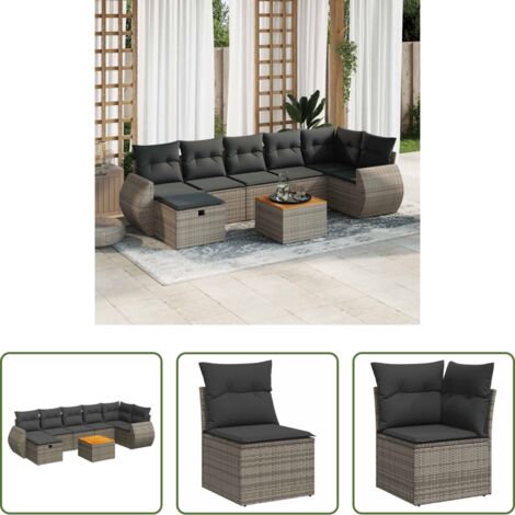 Poltrona da giardino -  Set Divano da Giardino 8 pz con Cuscini Grigio in Polyrattan