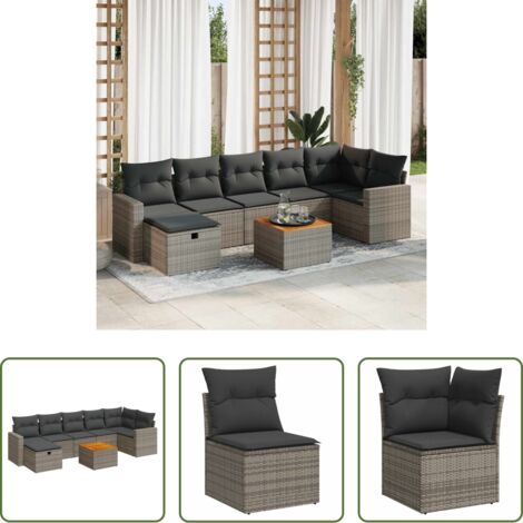 Poltrona da giardino -  Set Divano da Giardino 8 pz con Cuscini Grigio in Polyrattan