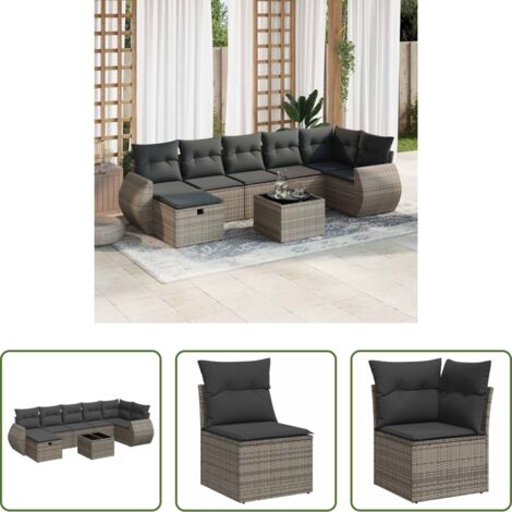 Poltrona da giardino -  Set Divano da Giardino 8 pz con Cuscini Grigio in Polyrattan