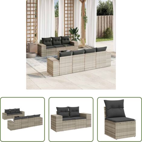 Poltrona da giardino -  Set Divano da Giardino 8pz con Cuscini Grigio Chiaro Polyrattan