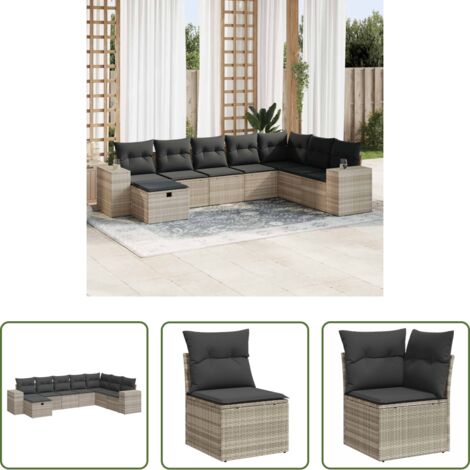Poltrona da giardino -  Set Divano da Giardino 8pz con Cuscini Grigio Chiaro Polyrattan