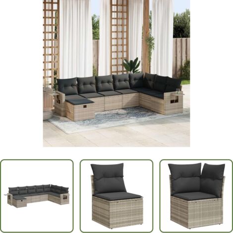 Poltrona da giardino -  Set Divano da Giardino 8pz con Cuscini Grigio Chiaro Polyrattan
