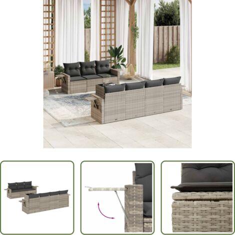 Poltrona da giardino -  Set Divano da Giardino 8pz con Cuscini Grigio Chiaro Polyrattan