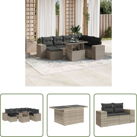 Poltrona da giardino -  Set Divano da Giardino 8pz con Cuscini Grigio Chiaro Polyrattan