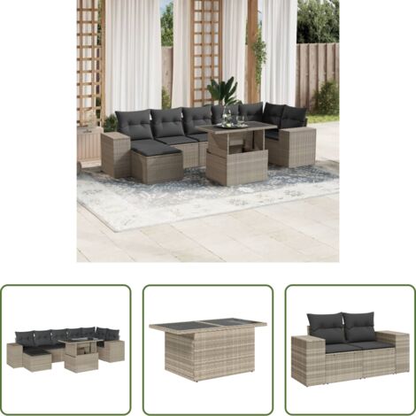 Poltrona da giardino -  Set Divano da Giardino 8pz con Cuscini Grigio Chiaro Polyrattan