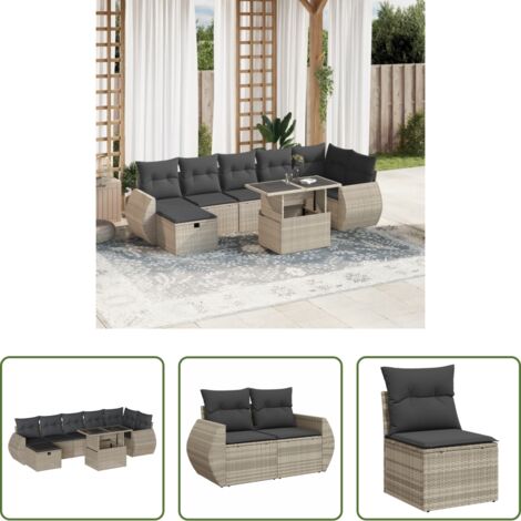 Poltrona da giardino -  Set Divano da Giardino 8pz con Cuscini Grigio Chiaro Polyrattan