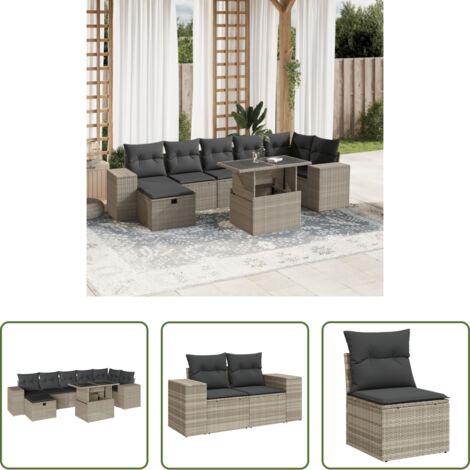Poltrona da giardino -  Set Divano da Giardino 8pz con Cuscini Grigio Chiaro Polyrattan