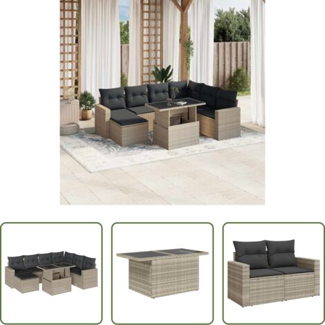 Poltrona da giardino -  Set Divano da Giardino 8pz con Cuscini Grigio Chiaro Polyrattan