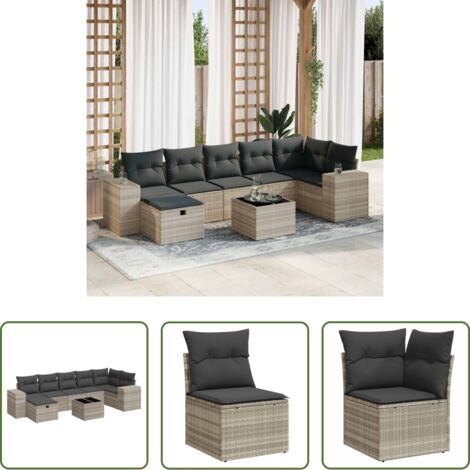 Poltrona da giardino -  Set Divano da Giardino 8pz con Cuscini Grigio Chiaro Polyrattan