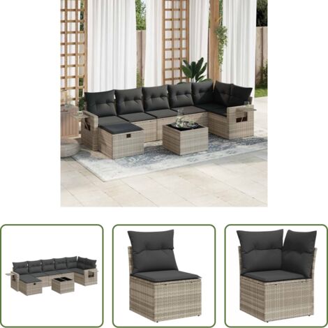 Poltrona da giardino -  Set Divano da Giardino 8pz con Cuscini Grigio Chiaro Polyrattan